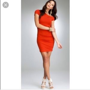 Bebe asymmetric pin-tucked dress, off shoulder